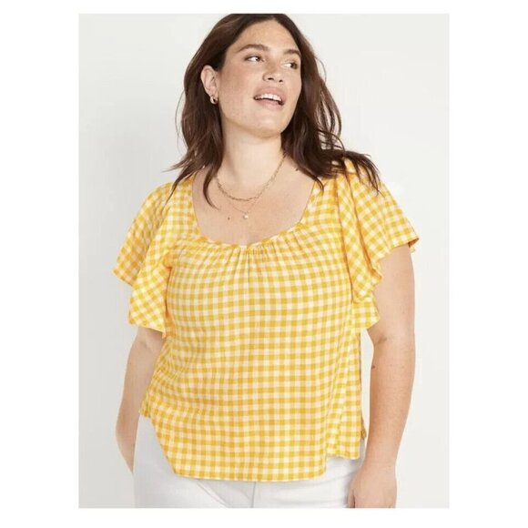 Old Navy Linen Blend Top Blouse Womens Plus 2X Yellow Gingham Tie Back Peasant - Picture 1 of 10